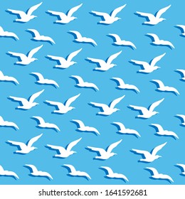 Summer background with vector seagulls on a blue background seamless pattern