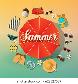 Summer background. Summer vector symbols are located around the umbrella from the sun
Beach and sea. Lettering 