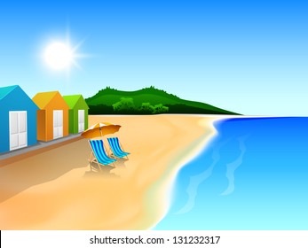 Summer background with view of beach huts at noon time.