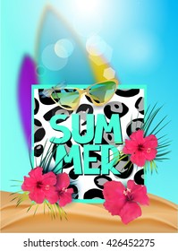 Summer background with view of the beach and surfboards. Mountain cat print frame with flowers. Vector illustration