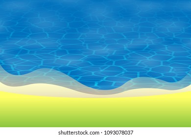 Summer background - view in front of beach with green grass sand and water surfaces 