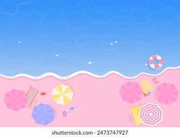 Fondo de verano. Vista superior del paisaje marino y la escena de la playa con sombrillas y sillas de playa.