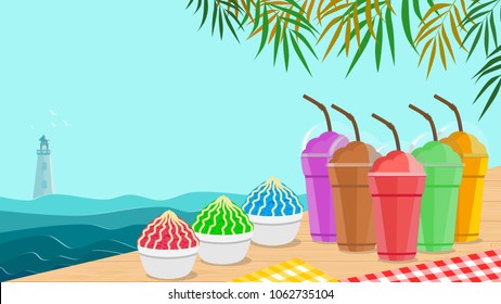 Summer background with view of seaside and fresh drinks, smoothies and shaved ice menu. Copy space for text.