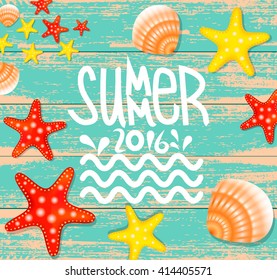 Summer background  vintage poster with  illustration of Colorful Starfish,Scallop seashell.Summer time wallpaper.