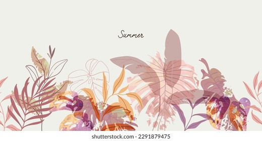 summer background watercolor arrangements with leaves. Botanical illustration minimal style.