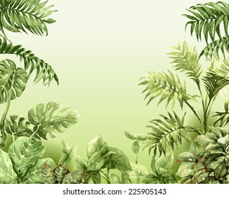 Summer background with watercolor tropical plants.