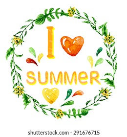Summer background with watercolor yellow flowers, green leaves, colorful drops and hearts.  Floral round frame.