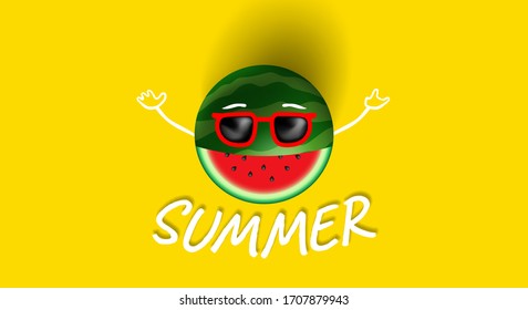 summer background watermelon cartoon character in sunglasses on yellow background
