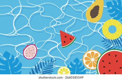Summer background with watermelon, pineapple, lemon and palm leaves. Vector illustration