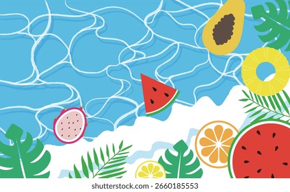 Summer background with watermelon, pineapple, lemon and palm leaves. Vector illustration