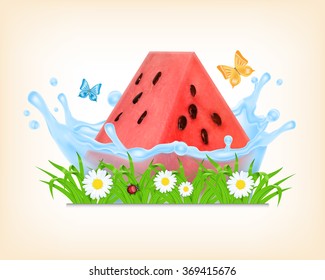 Summer background. Watermelon slice in splashing water. Time for a picnic. EPS10