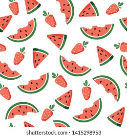 Summer background with watermelon and strawberries. Vector seamless fruit pattern