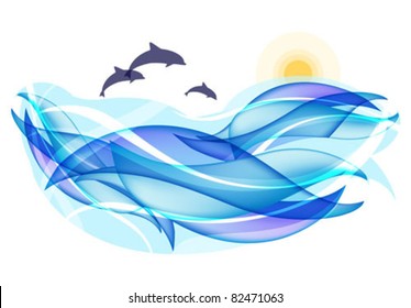 Summer background with waves and dolphins