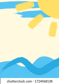 Summer background with waves and sun drawn with a rough brush. Grunge, watercolor, sketch. Vertical vector illustration.