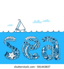 Summer background with waves and yacht. Sea doodle lettering composition with underwater life vector illustration