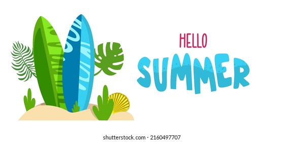 Summer background website header Colorful horizontal postcard banner Surfing Inscription hello summer Vector illustration 