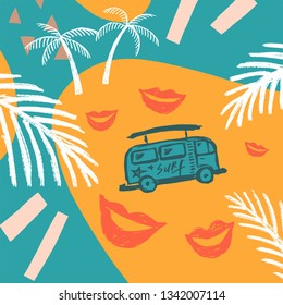 Summer background with white branches and bus on the beach with lips 