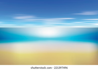 Summer background with white sand, sea and sky. Vector illustration