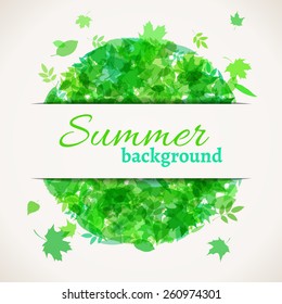 Summer background with white stripe for your text. Set of various green leaves on light background. There is place for your text.
