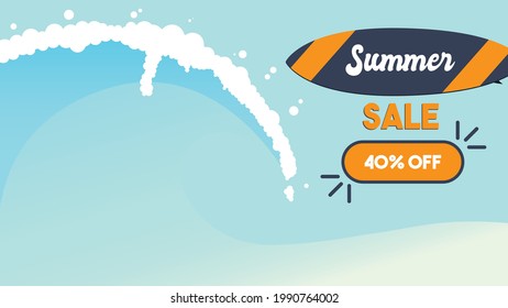 Summer Background within waves, Sale vector banner, surfboard illustration isolated elements discount objects, ocean wave with gradient vector