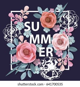Summer background withr, abstract paper flowers, floral background, blank round frame, greeting card template.Template Vector.