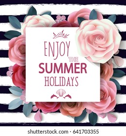 Summer background withr, abstract paper flowers, floral background, blank round frame, greeting card template.Template Vector.