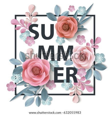 Summer background withr, abstract paper flowers, floral background, blank round frame, greeting card template.Template Vector.