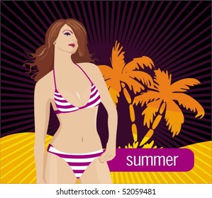 Summer background with woman and palm trees