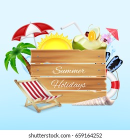 Summer background. Wood banner with umbrella, lounge chair and cocktail. Summer holidays concept. 3d illustration. EPS10 vector