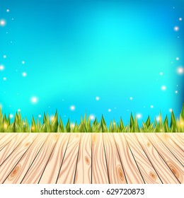 Summer background with wooden deck. Wood floor over green grass and blue sky. Abstract vector illustration.