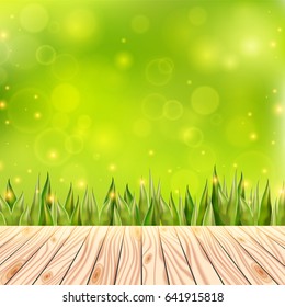 Summer background with wooden deck. Wood floor over green grass and blue sky. Abstract vector illustration.