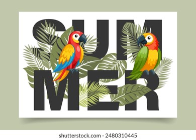 Summer background, word Summer with cute colorful parrots and tropical leaves. Cute macaw birds. Poster, banner, postcard
