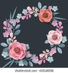 Summer background with a wreath of abstract paper flowers, floral background, blank round frame, greeting card template.Template Vector.