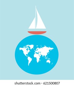Summer background with yacht and world map 