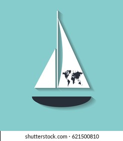 Summer background with yacht and world map 