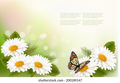 Summer background with yellow beautiful flowers and butterfly. Vector illustration 