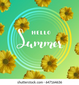 Summer background with yellow flowers and quote Hello Summer, vector illustration