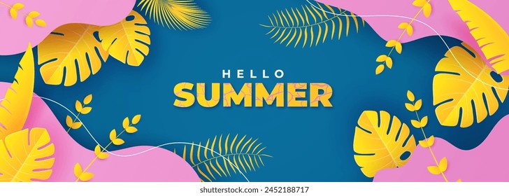 Summer background with yellow leaves. Summer background in paper craft style. paper cut and craft style. vector.