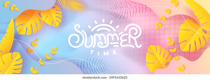 Summer background with yellow leaves. Summer background in paper craft style. paper cut and craft style. vector.	