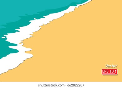 Summer background with yellow sand on a beach, a blue green wave sea ocean vector illustration