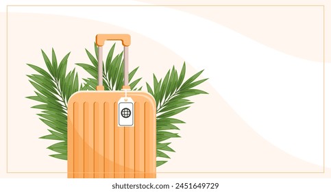 Fondo de verano con maleta amarilla y hojas de palma. Anuncio Horizontal colorido. Concepto de vacaciones. Ilustración vectorial