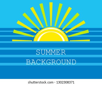 summer background with yellow sun and blue sea or ocean. flat. vector