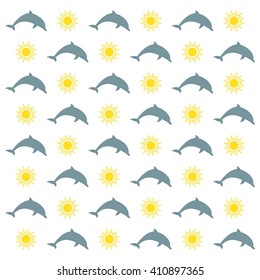 Summer background with yellow sun with sun rays and with the jumping dolphin on a white background