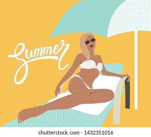 Summer background with young woman lying on the chaise lounge under the sun umbrella. Vector illustration