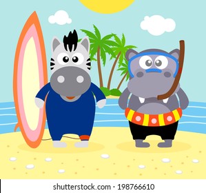  Summer  background with zebra  and  hippopotamus vector