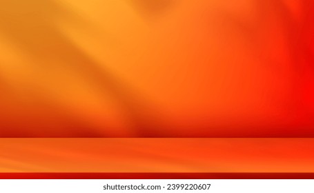 Summer background,3D Studio Wall Room Background Template with with Light,Leaves Shadow on Hot Orange,Red on Podium or Table Top Vector Scene Display Platform for Cosmetic Sale Product  Present Vektor Stok