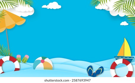 Summer background,Beach sea wave with palm leaf,could on blue sky background for Holiday vacation banner,Vector backdrop paper cut Summertime for poster sale,promotion