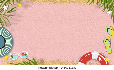 Summer background,Beach vacation holiday with coconut palm leaves border,Hat,Sunglasses,flip flops on pink sand texture,Vector banner flat lay tropical Summer design for Sale,Parties 