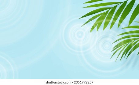 Summer Background,Blue Water waves surface and Green Palm Leaves with Sunlight, Shadow on swimming pool,Tropical Coconut Leaf under water ripples texture,Top view Poolside for cosmetic product present