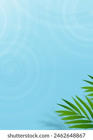 Fondo de verano, superficie de las olas de agua azul y hojas de palmera verde con luz solar, sombra en la piscina, hoja de coco tropical bajo textura ondulaciones de agua, vista superior Poolside para el producto cosmético presente